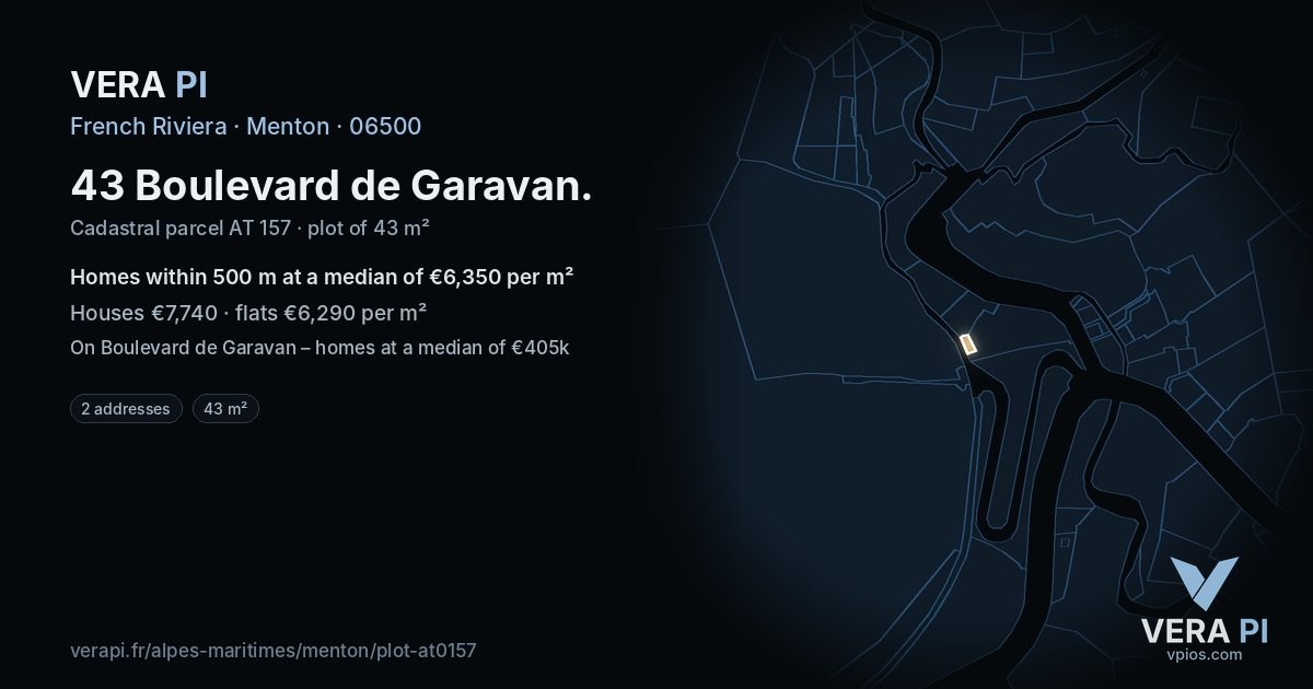 43 Boulevard de Garavan, Menton at night – the plot lit, the parcels around coloured by the prices near them