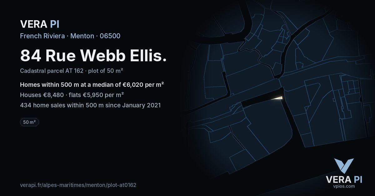 84 Rue Webb Ellis, Menton at night – the plot lit, the parcels around coloured by the prices near them