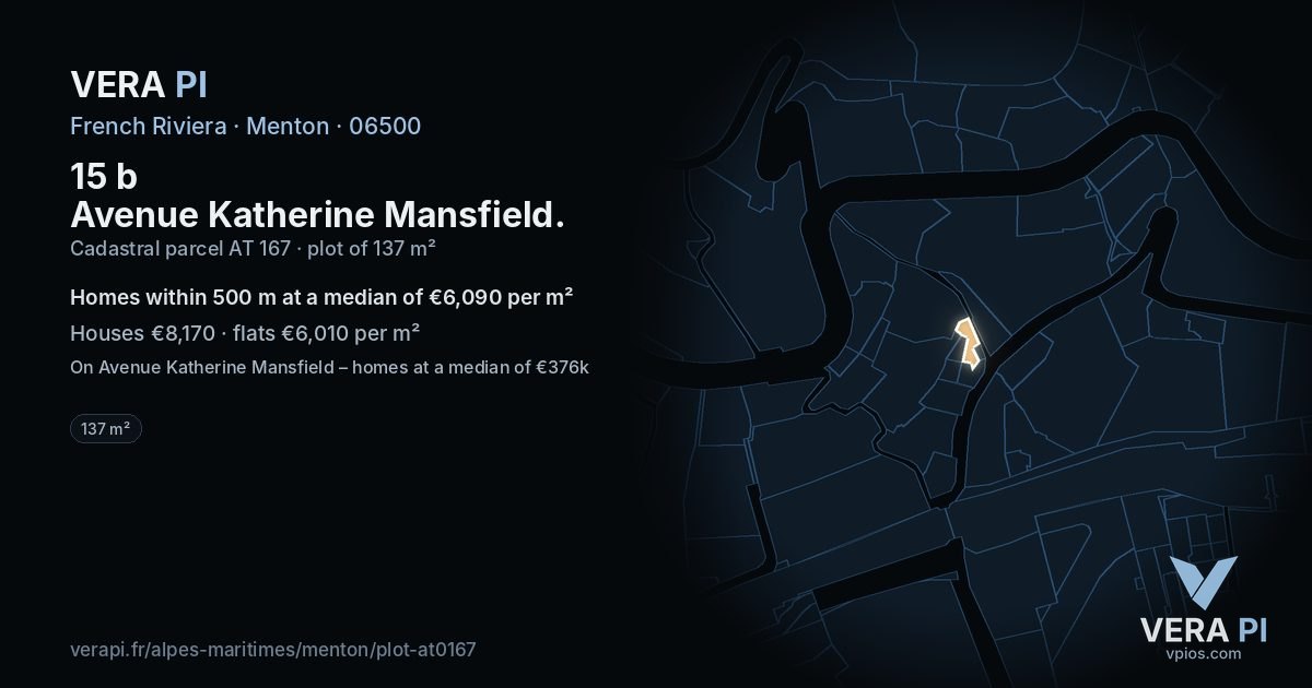 15 b Avenue Katherine Mansfield, Menton at night – the plot lit, the parcels around coloured by the prices near them