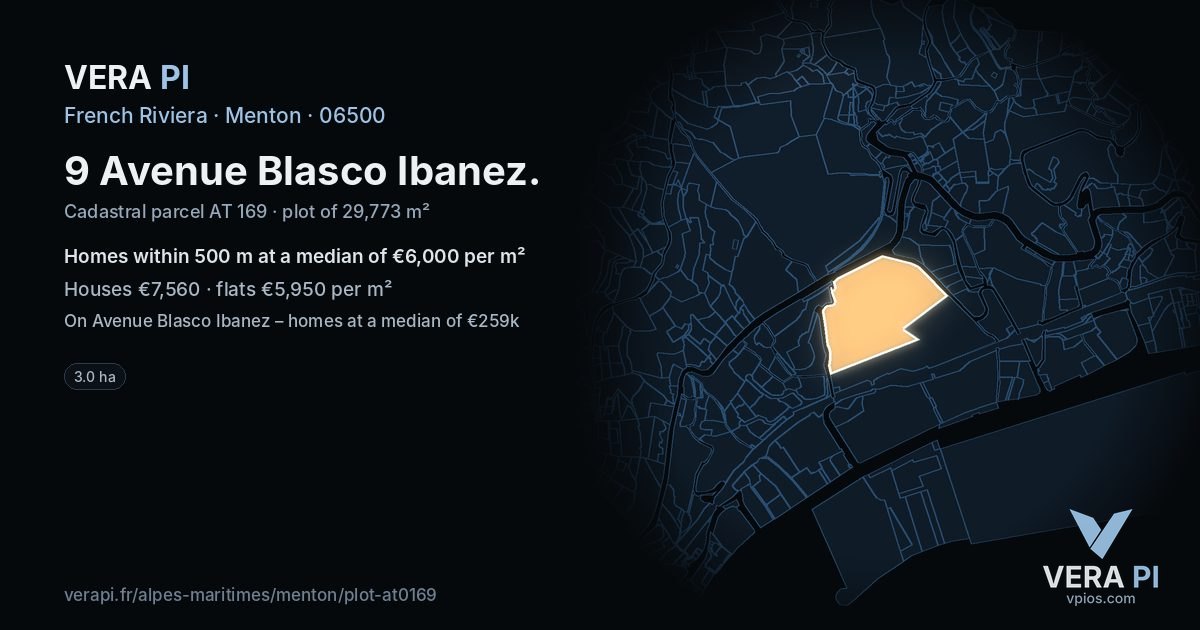 9 Avenue Blasco Ibanez, Menton at night – the plot lit, the parcels around coloured by the prices near them