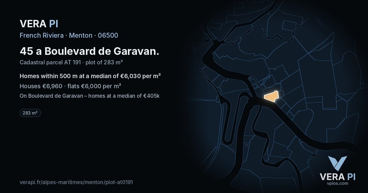 45 a Boulevard de Garavan, Menton at night – the plot lit, the parcels around coloured by the prices near them