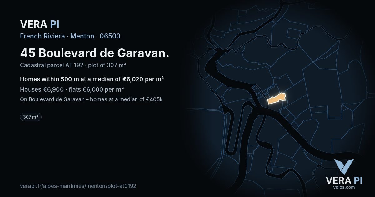 45 Boulevard de Garavan, Menton at night – the plot lit, the parcels around coloured by the prices near them