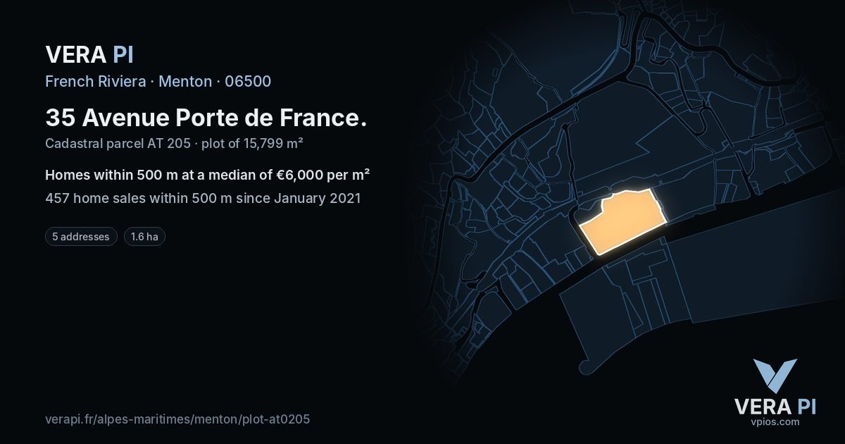 35 Avenue Porte de France, Menton at night – the plot lit, the parcels around coloured by the prices near them