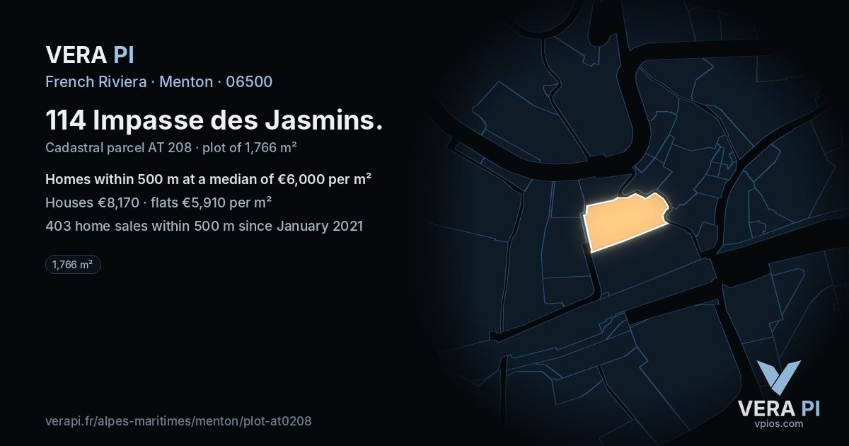 114 Impasse des Jasmins, Menton at night – the plot lit, the parcels around coloured by the prices near them