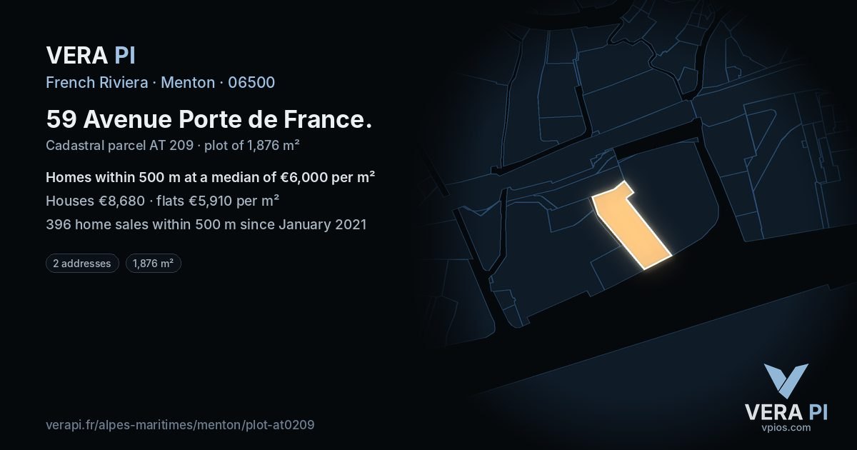 59 Avenue Porte de France, Menton at night – the plot lit, the parcels around coloured by the prices near them