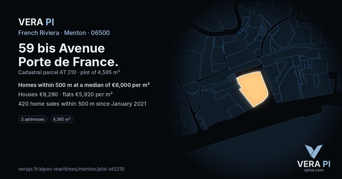 59 bis Avenue Porte de France, Menton at night – the plot lit, the parcels around coloured by the prices near them