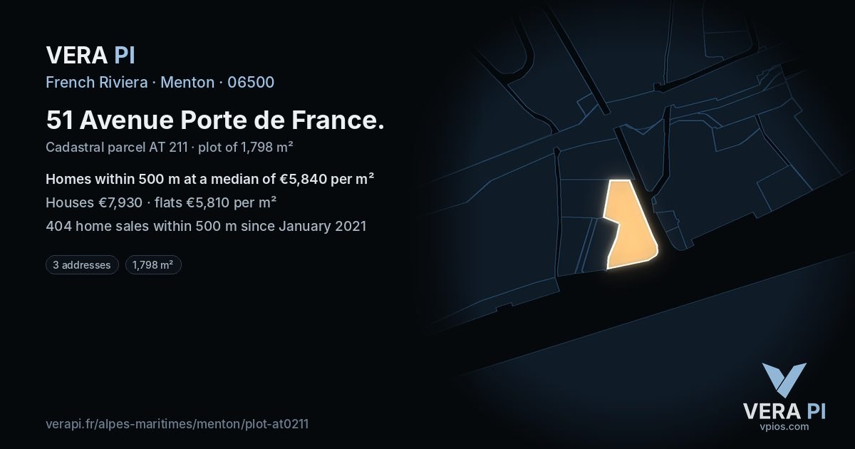 51 Avenue Porte de France, Menton at night – the plot lit, the parcels around coloured by the prices near them