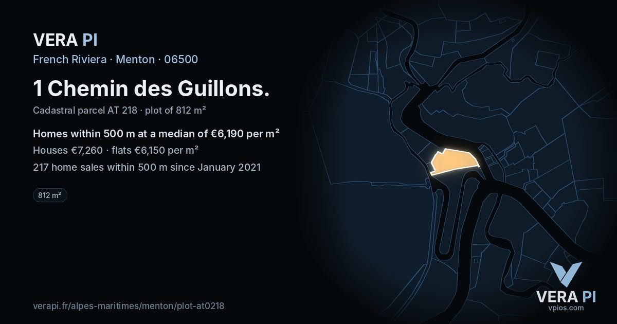 1 Chemin des Guillons, Menton at night – the plot lit, the parcels around coloured by the prices near them
