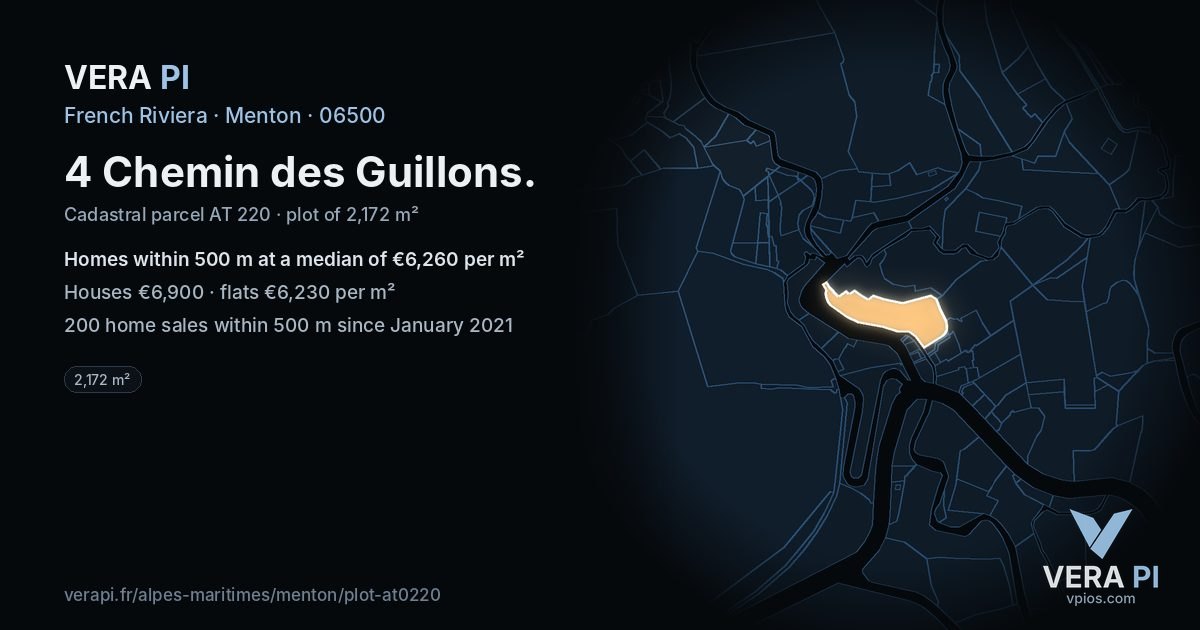 4 Chemin des Guillons, Menton at night – the plot lit, the parcels around coloured by the prices near them