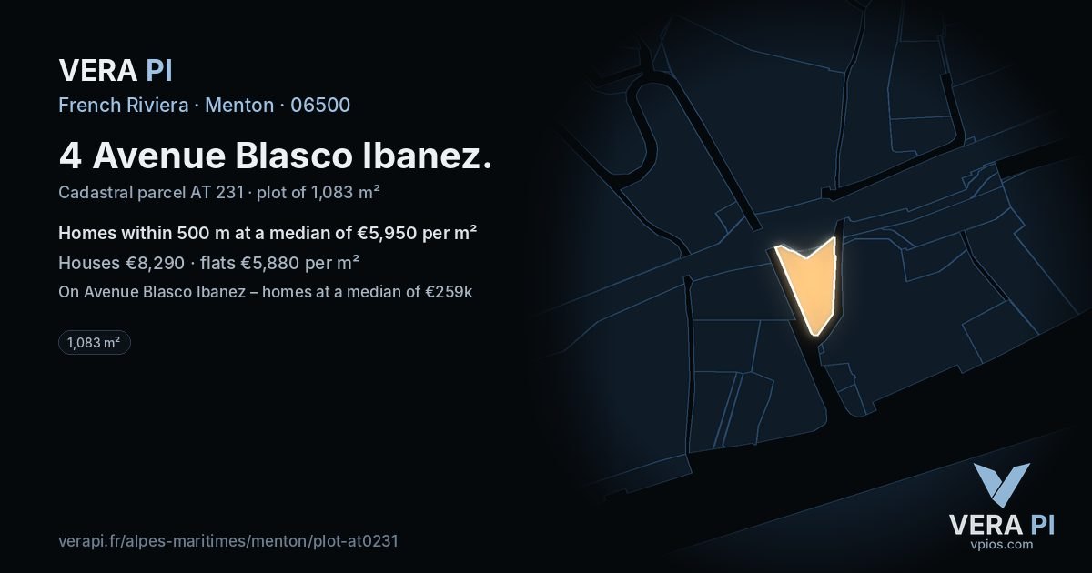 4 Avenue Blasco Ibanez, Menton at night – the plot lit, the parcels around coloured by the prices near them