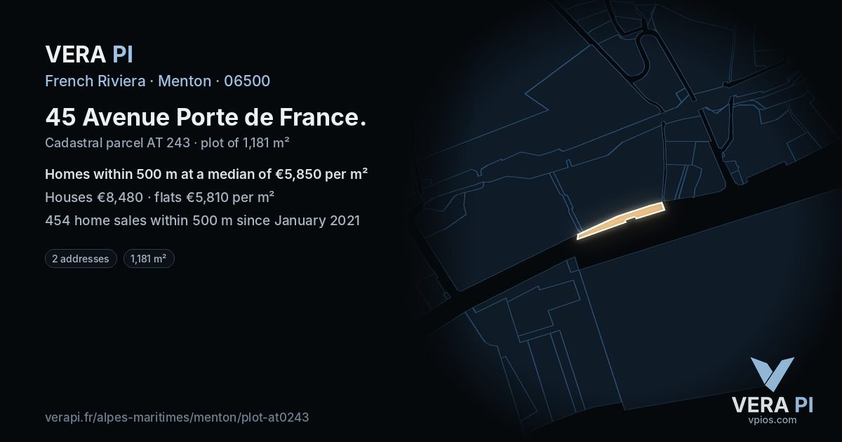 45 Avenue Porte de France, Menton at night – the plot lit, the parcels around coloured by the prices near them