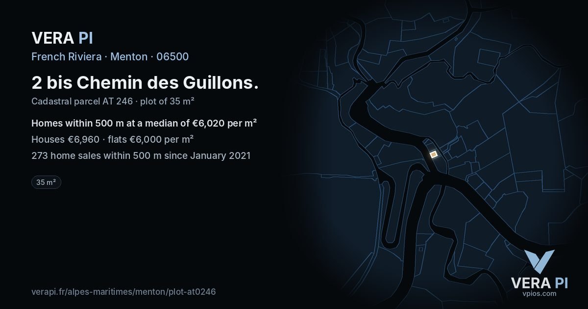 2 bis Chemin des Guillons, Menton at night – the plot lit, the parcels around coloured by the prices near them