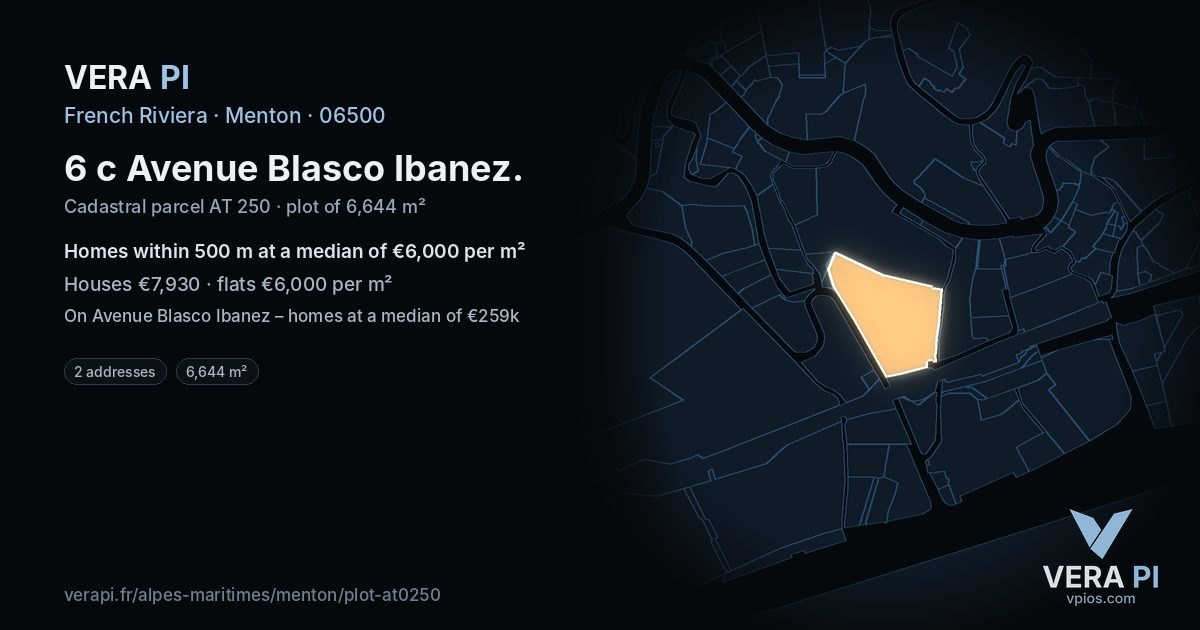 6 c Avenue Blasco Ibanez, Menton at night – the plot lit, the parcels around coloured by the prices near them