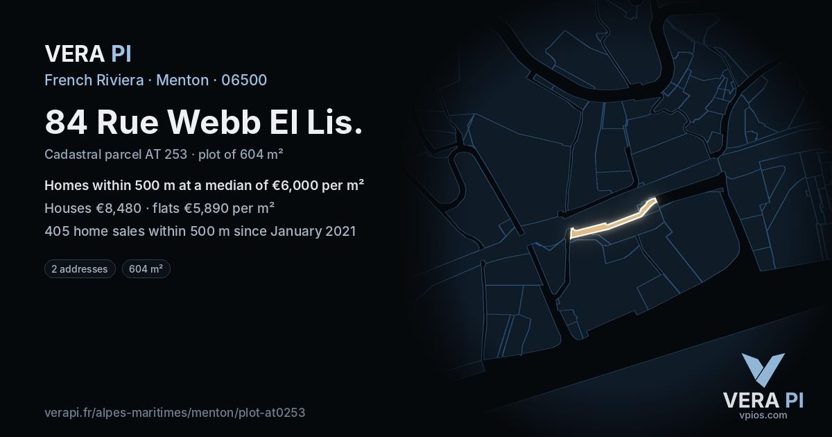 84 Rue Webb El Lis, Menton at night – the plot lit, the parcels around coloured by the prices near them