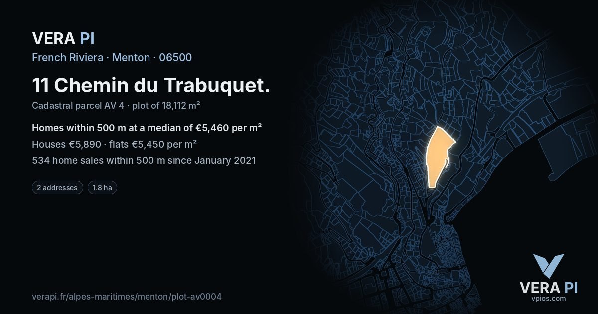 11 Chemin du Trabuquet, Menton at night – the plot lit, the parcels around coloured by the prices near them