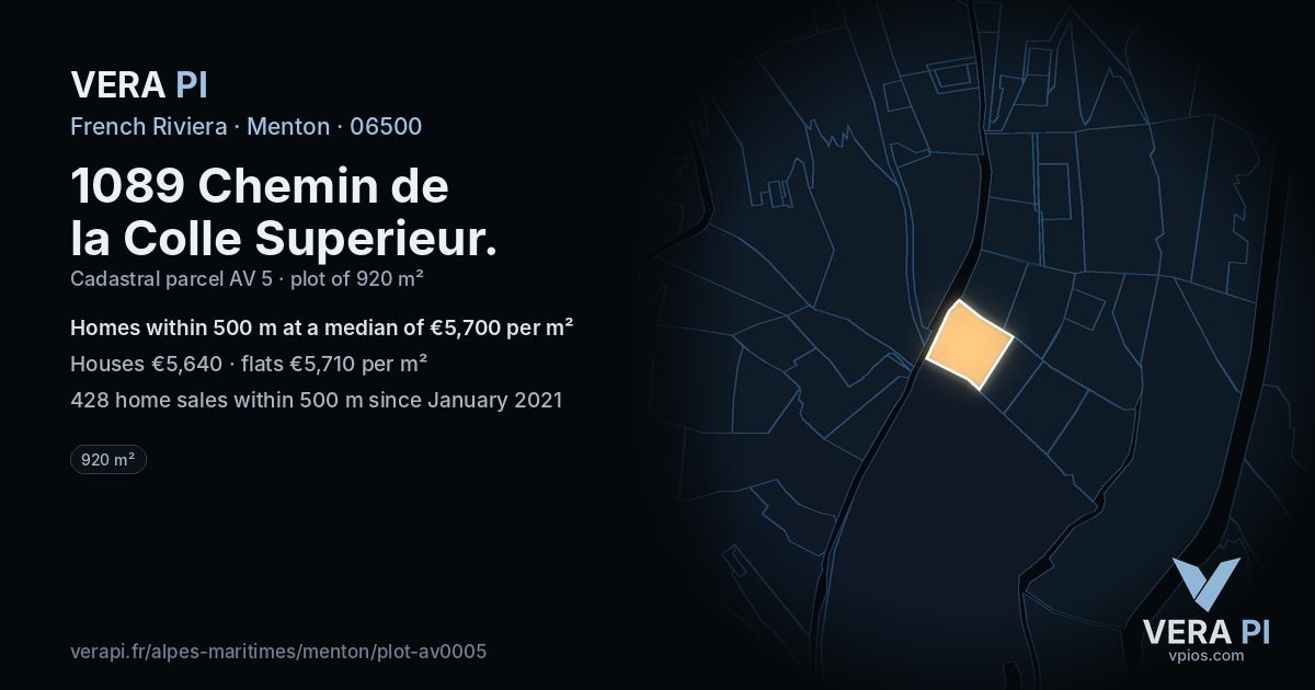1089 Chemin de la Colle Superieur, Menton at night – the plot lit, the parcels around coloured by the prices near them