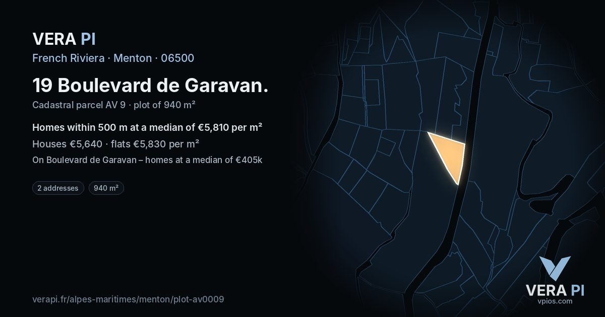19 Boulevard de Garavan, Menton at night – the plot lit, the parcels around coloured by the prices near them