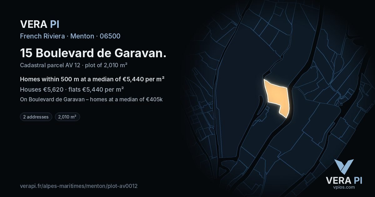 15 Boulevard de Garavan, Menton at night – the plot lit, the parcels around coloured by the prices near them