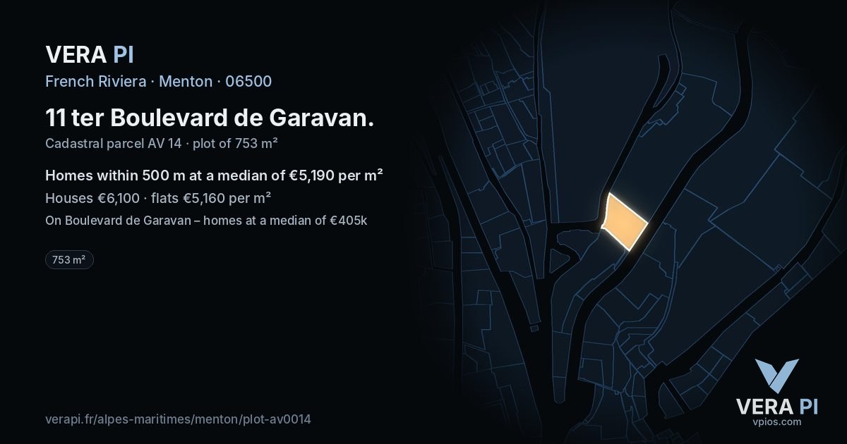 11 ter Boulevard de Garavan, Menton at night – the plot lit, the parcels around coloured by the prices near them