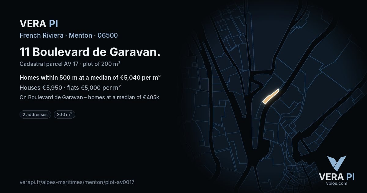 11 Boulevard de Garavan, Menton at night – the plot lit, the parcels around coloured by the prices near them