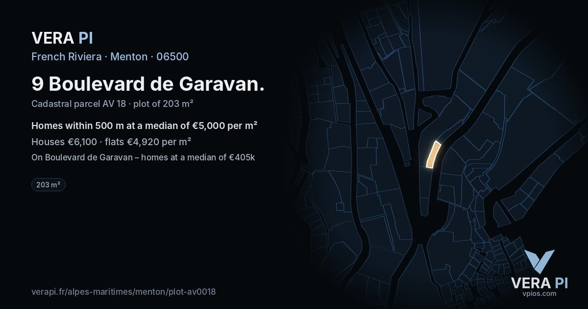 9 Boulevard de Garavan, Menton at night – the plot lit, the parcels around coloured by the prices near them