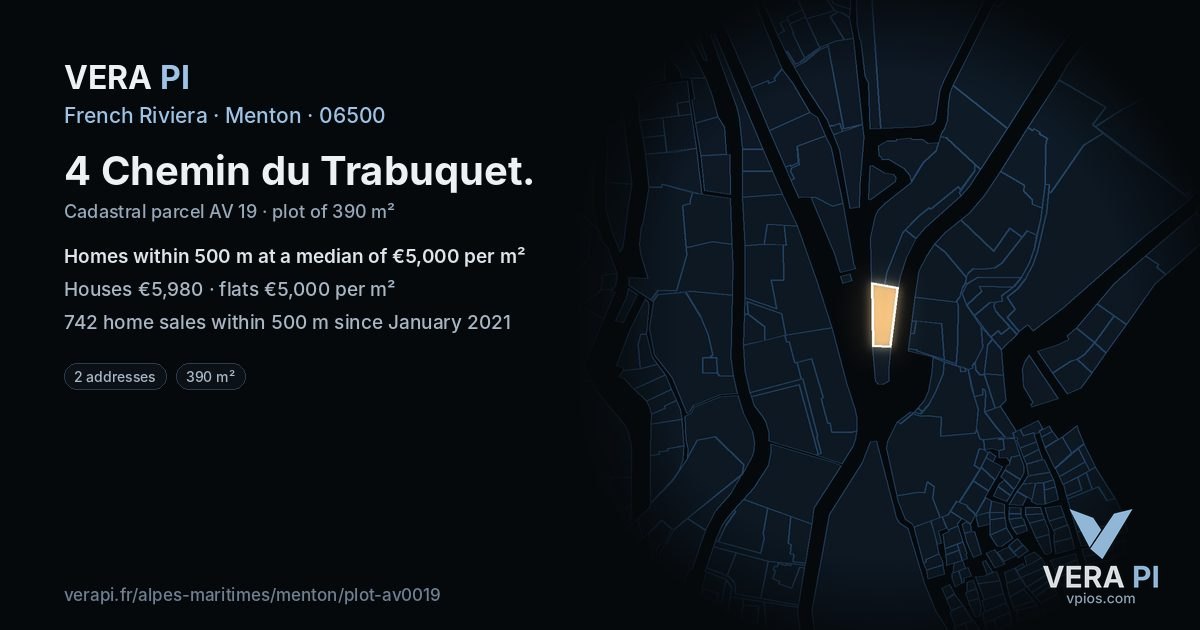 4 Chemin du Trabuquet, Menton at night – the plot lit, the parcels around coloured by the prices near them