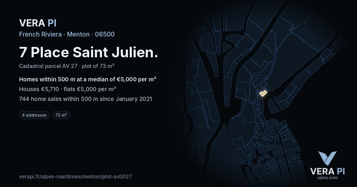 7 Place Saint Julien, Menton at night – the plot lit, the parcels around coloured by the prices near them