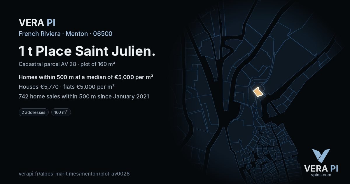 1 t Place Saint Julien, Menton at night – the plot lit, the parcels around coloured by the prices near them