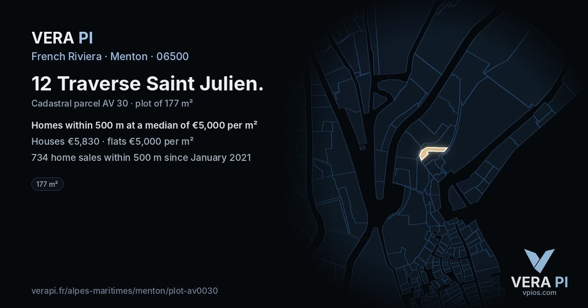 12 Traverse Saint Julien, Menton at night – the plot lit, the parcels around coloured by the prices near them