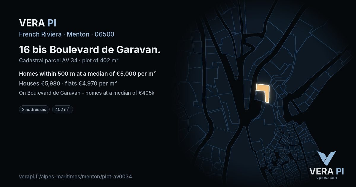 16 bis Boulevard de Garavan, Menton at night – the plot lit, the parcels around coloured by the prices near them