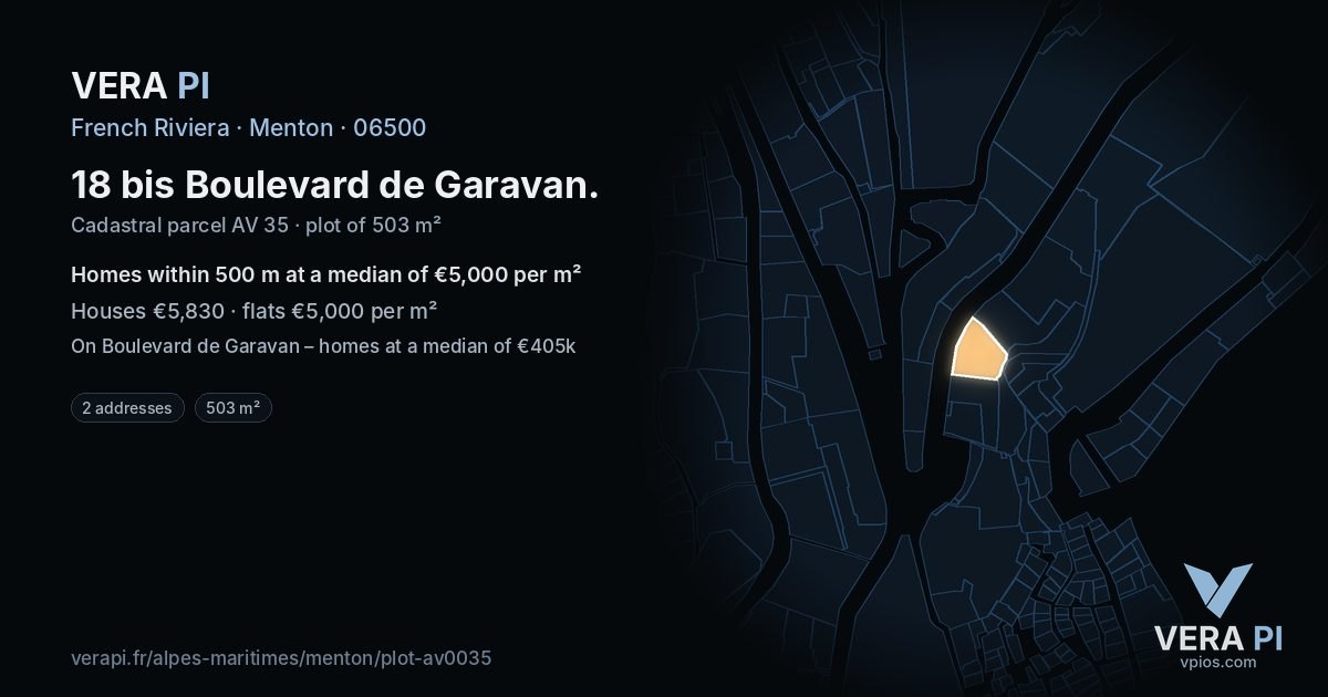 18 bis Boulevard de Garavan, Menton at night – the plot lit, the parcels around coloured by the prices near them