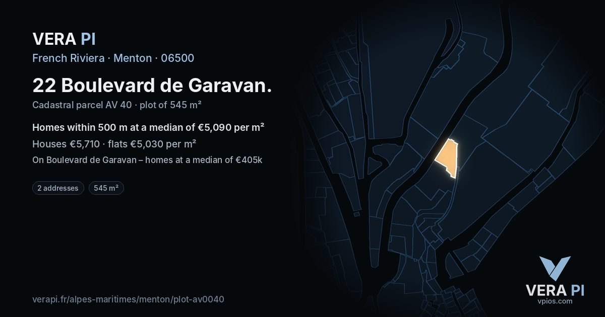 22 Boulevard de Garavan, Menton at night – the plot lit, the parcels around coloured by the prices near them
