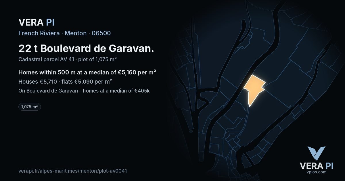 22 t Boulevard de Garavan, Menton at night – the plot lit, the parcels around coloured by the prices near them