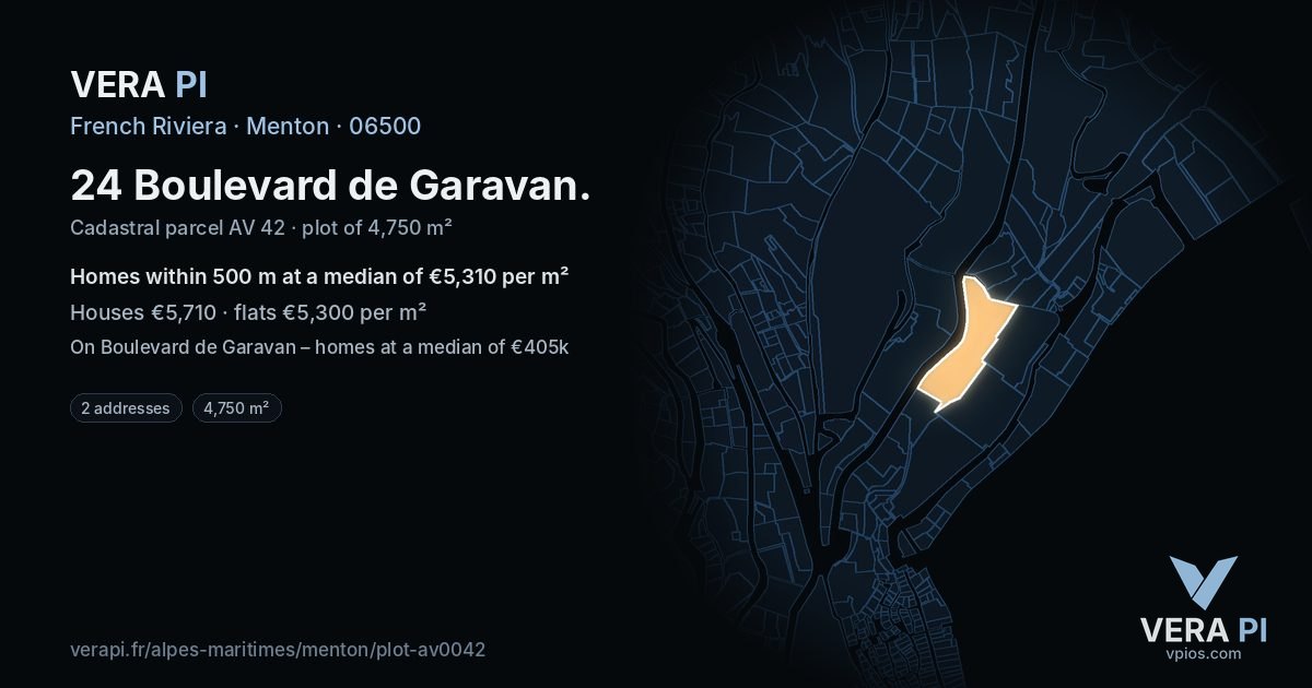 24 Boulevard de Garavan, Menton at night – the plot lit, the parcels around coloured by the prices near them