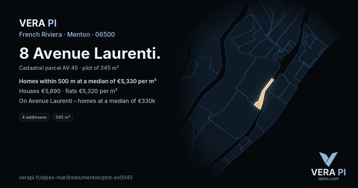 8 Avenue Laurenti, Menton at night – the plot lit, the parcels around coloured by the prices near them