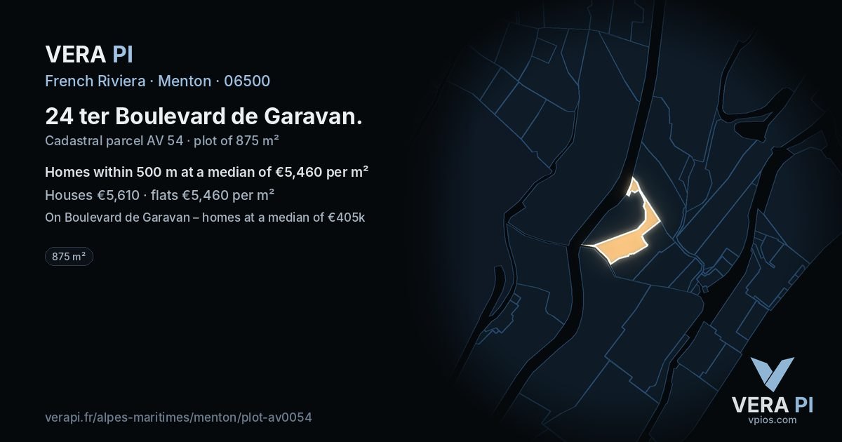 24 ter Boulevard de Garavan, Menton at night – the plot lit, the parcels around coloured by the prices near them