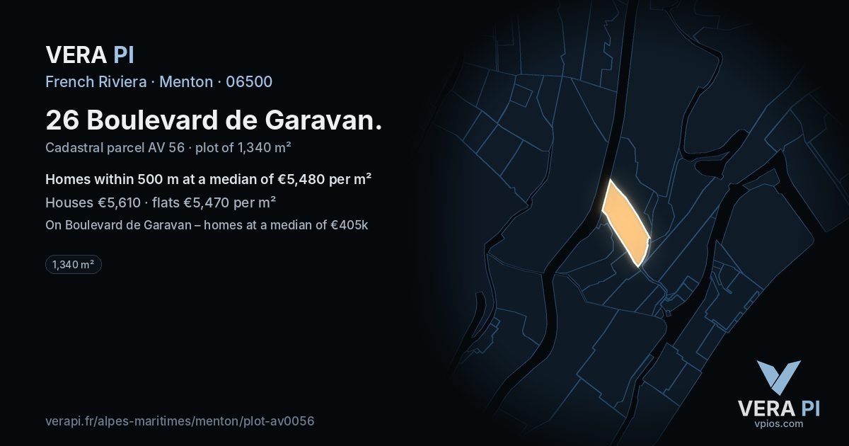 26 Boulevard de Garavan, Menton at night – the plot lit, the parcels around coloured by the prices near them