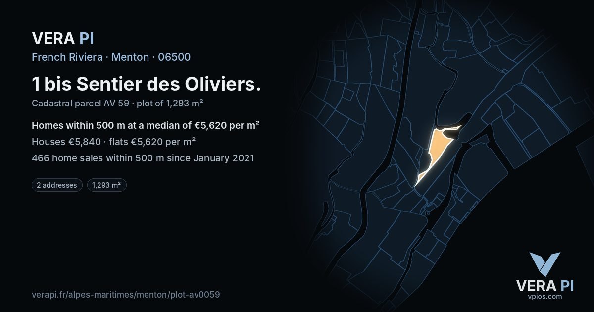 1 bis Sentier des Oliviers, Menton at night – the plot lit, the parcels around coloured by the prices near them