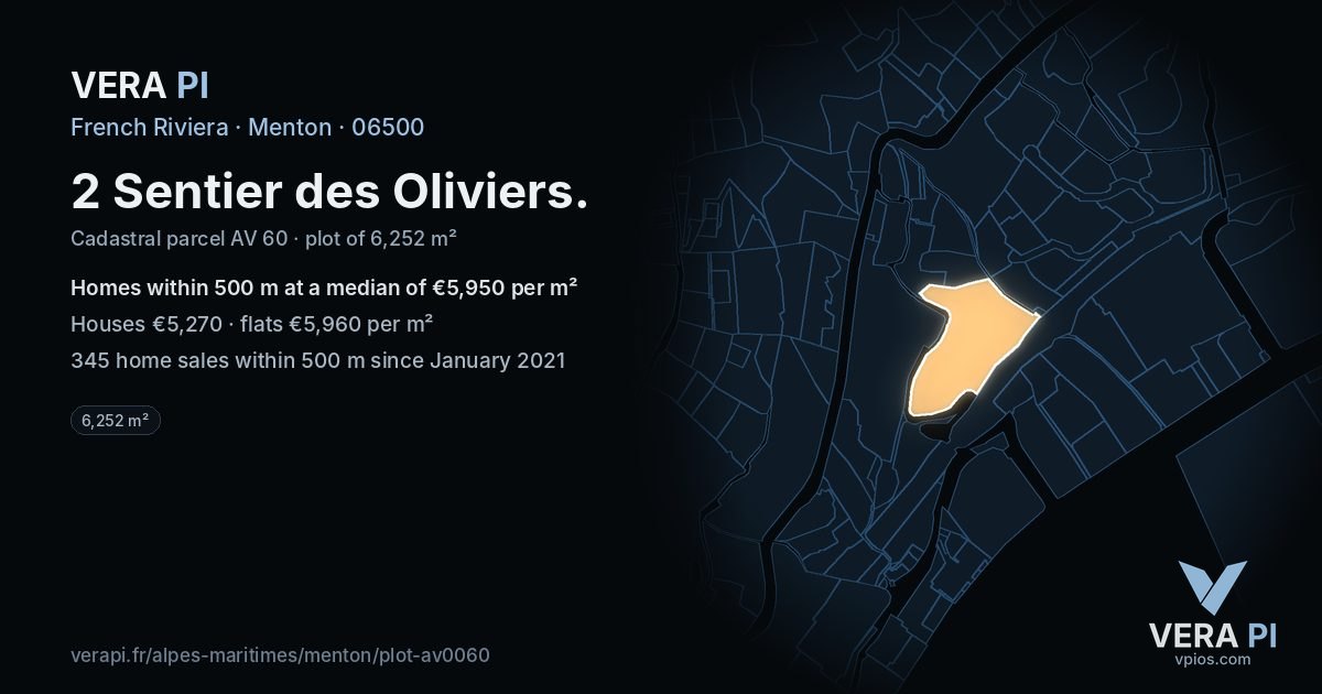 2 Sentier des Oliviers, Menton at night – the plot lit, the parcels around coloured by the prices near them