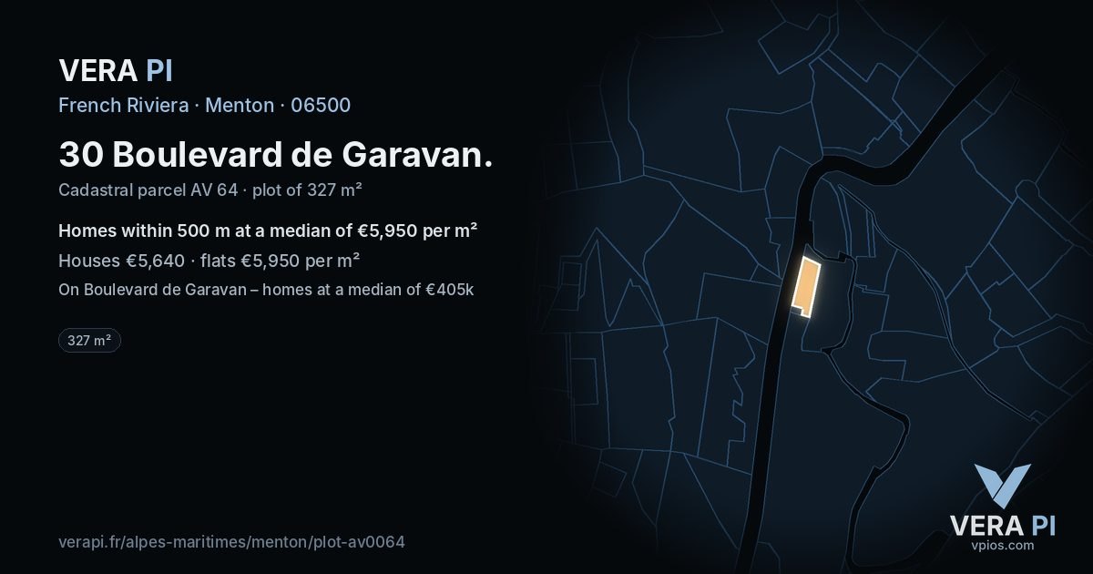 30 Boulevard de Garavan, Menton at night – the plot lit, the parcels around coloured by the prices near them