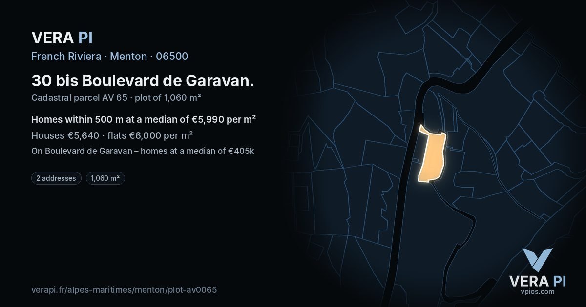 30 bis Boulevard de Garavan, Menton at night – the plot lit, the parcels around coloured by the prices near them