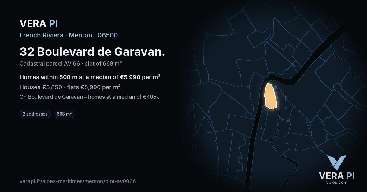 32 Boulevard de Garavan, Menton at night – the plot lit, the parcels around coloured by the prices near them