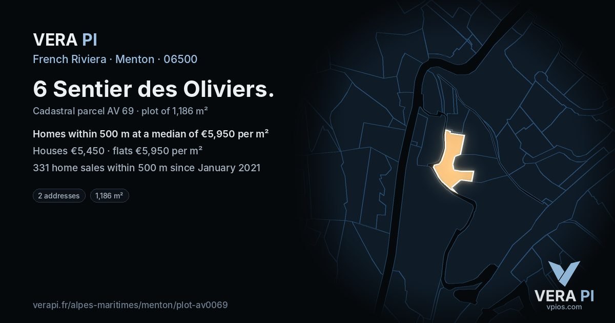 6 Sentier des Oliviers, Menton at night – the plot lit, the parcels around coloured by the prices near them