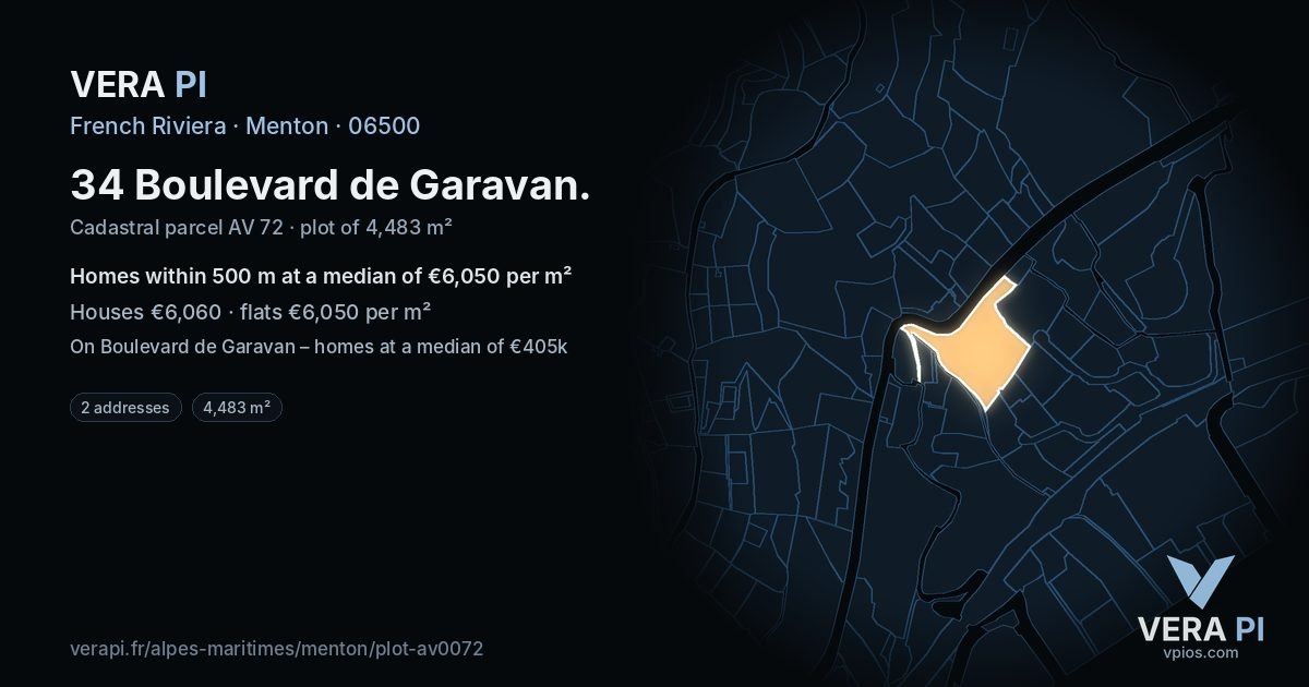 34 Boulevard de Garavan, Menton at night – the plot lit, the parcels around coloured by the prices near them