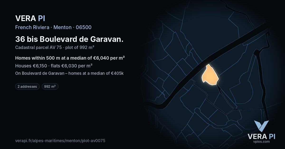 36 bis Boulevard de Garavan, Menton at night – the plot lit, the parcels around coloured by the prices near them