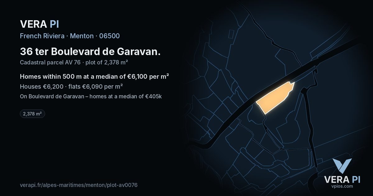 36 ter Boulevard de Garavan, Menton at night – the plot lit, the parcels around coloured by the prices near them