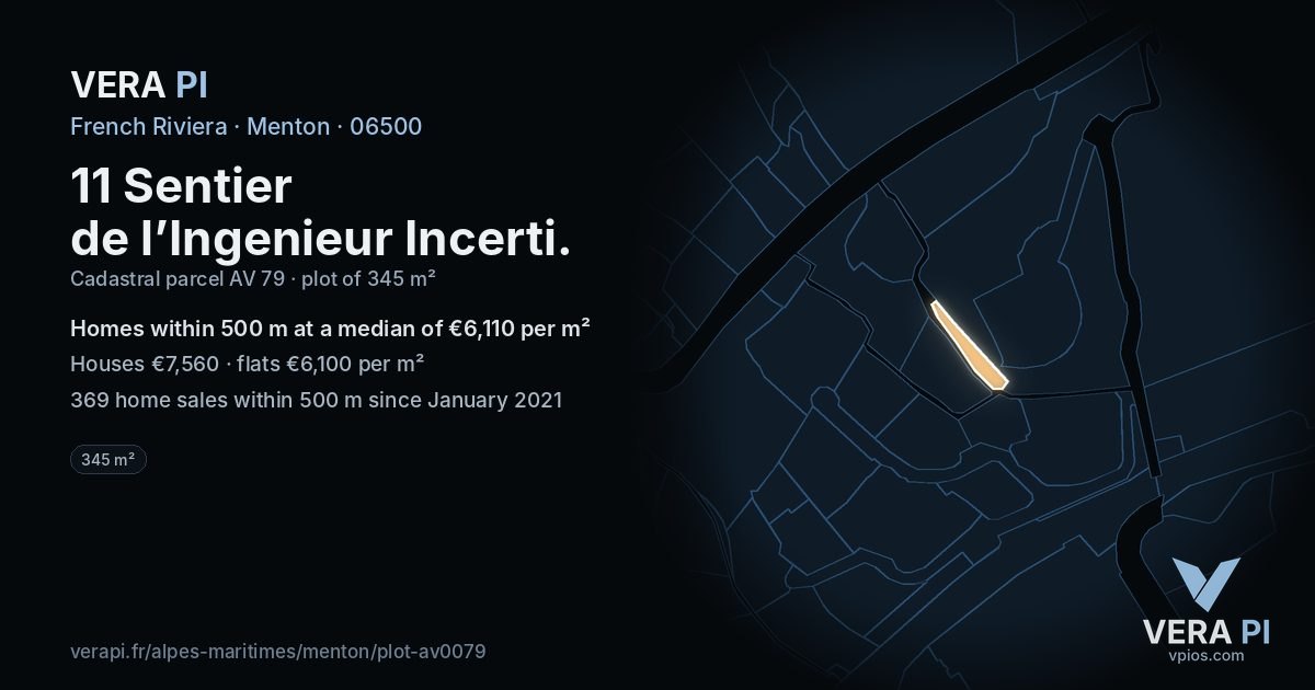 11 Sentier de l’Ingenieur Incerti, Menton at night – the plot lit, the parcels around coloured by the prices near them