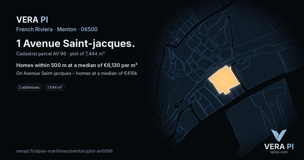 1 Avenue Saint-jacques, Menton at night – the plot lit, the parcels around coloured by the prices near them
