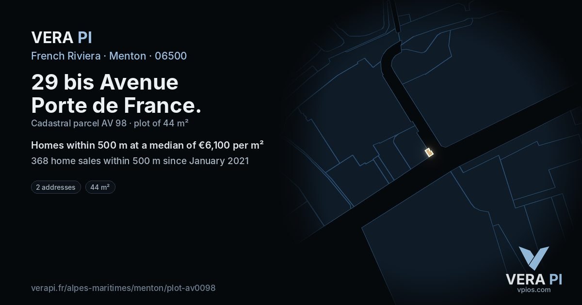 29 bis Avenue Porte de France, Menton at night – the plot lit, the parcels around coloured by the prices near them