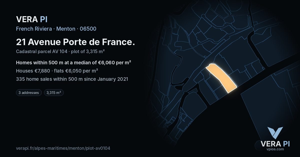 21 Avenue Porte de France, Menton at night – the plot lit, the parcels around coloured by the prices near them